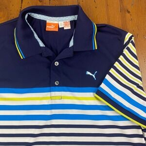 Puma Mens L Golf Polo Shirt Navy Blue White Blue Yellow‎ Stripe Logo
